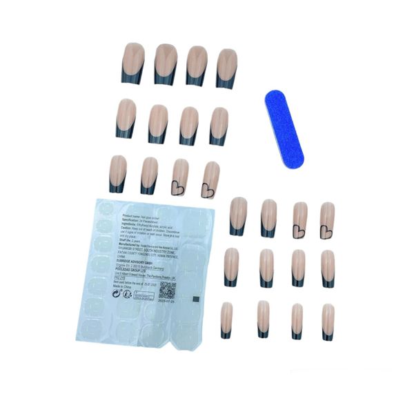 24 Pieces Long Square Black Heart &amp; French Design False Nails