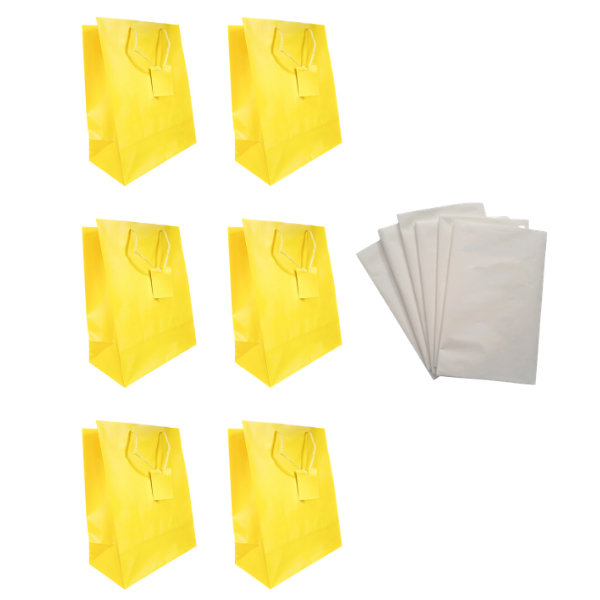 Yellow Gift Bag &amp; Tissue Paper Set - 6 Bags for Parties &amp; Presents