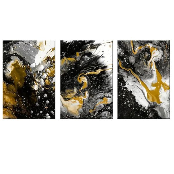 Canvas-Art-3 Pieces Black, Gold &amp; Silver Wet Abstract Wall Art