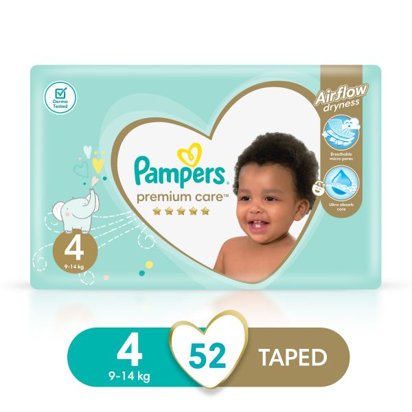 Pampers Premium Care Size 4 (9-14kg) 52 Nappies, Airflow Skin Comfort