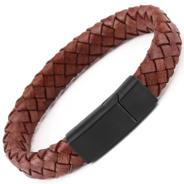Men's Brown Braided Leather Bracelet with Engravable Mat Black Clasp