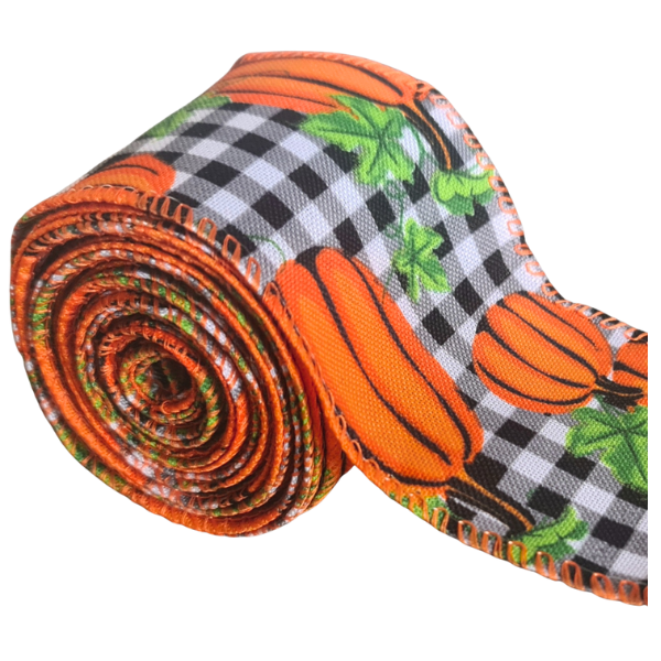 Pumpkin &amp; Black Check Halloween Ribbon - 63mm x 3m Wired Edge