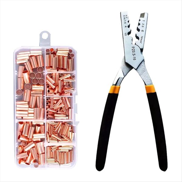 Copper Tube Terminal Cable Lug Bootlace Ferrule Kit W/Crimping Pliers