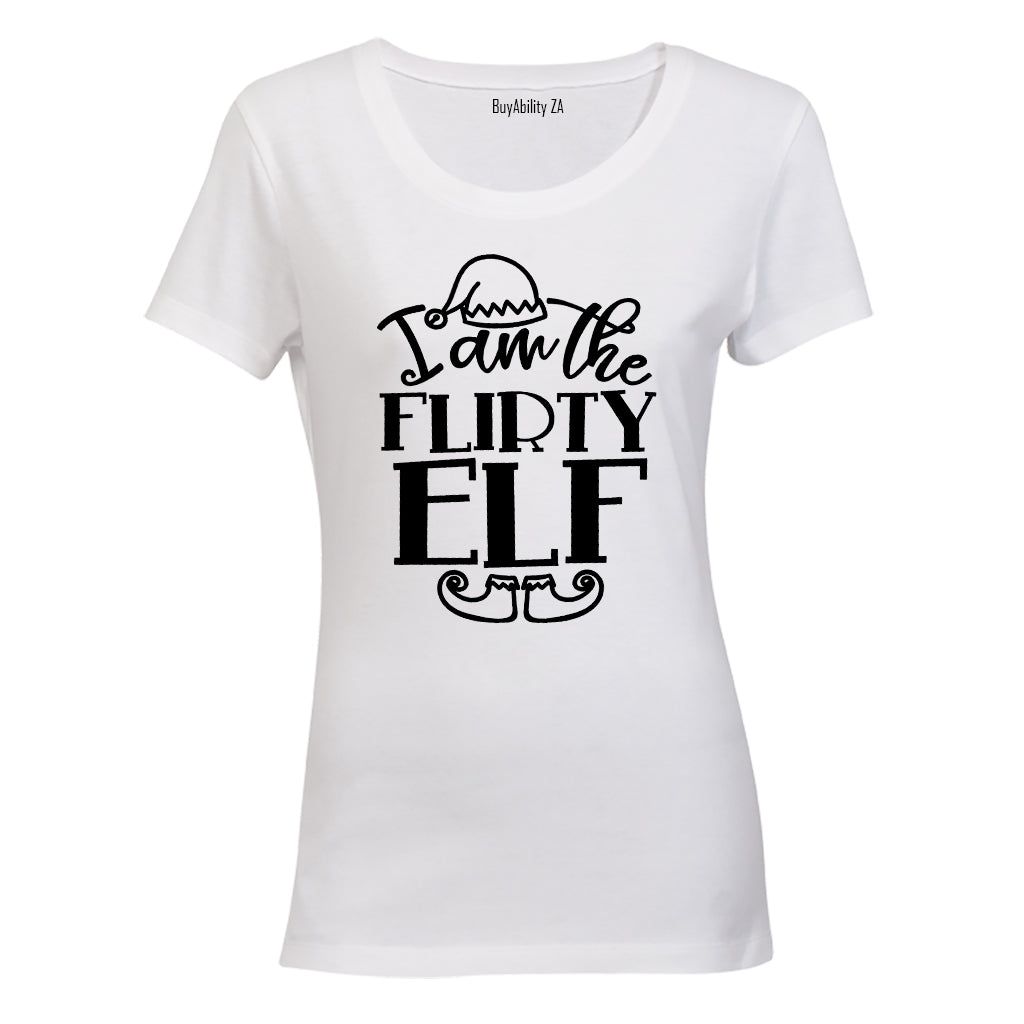 Flirty elf christmas ladies t shirt shop today get it tomorrow