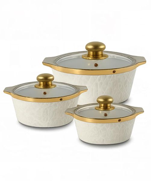 3Piece White and Gold Ceramic Bowl Set with Glass Lid