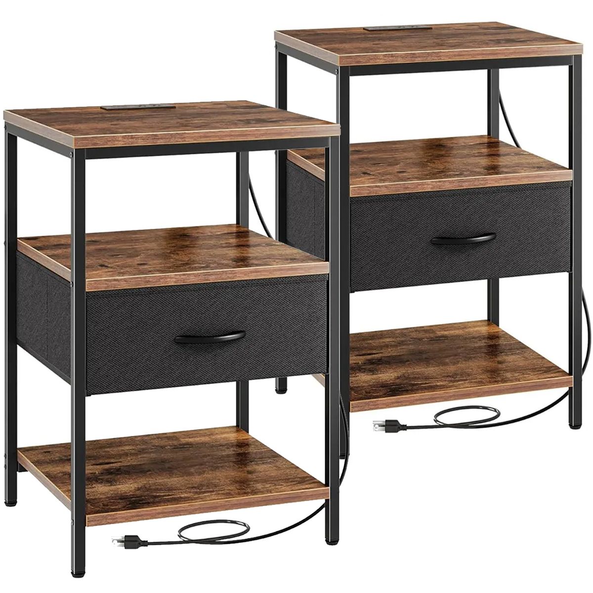 Side Tables 2 Piece Nightstand with Charging Station Adjustable Fabric Drawer