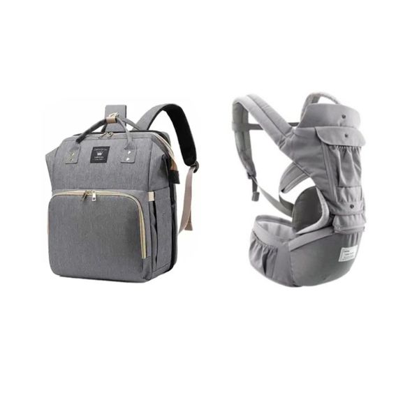 Diaper Bag Backpack Nappy Changing With Baby Carrier Hip Seat - Grey
