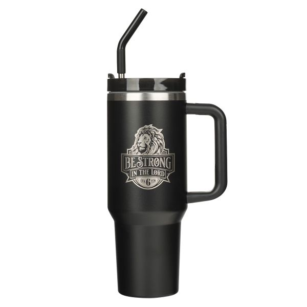 Large Travel Mug with Handle and Straw - Be Strong in the Lord, Black