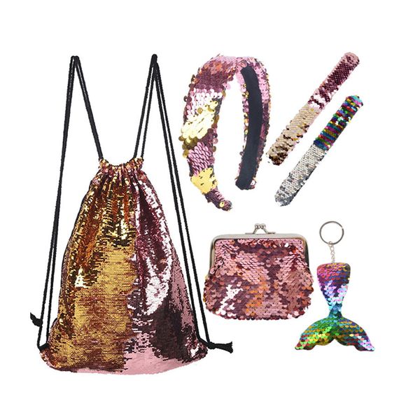 Mermaid Sequin Drawstring Bag Headband Bracelet Purses Set for Kids