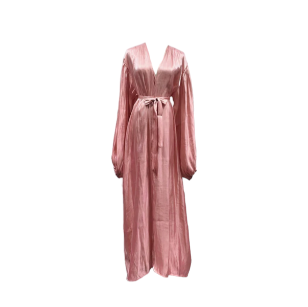 Ladies Pink Silk Sheer Maxi Balloon Sleeve Open Dress Kimono Abaya - Size: M-L