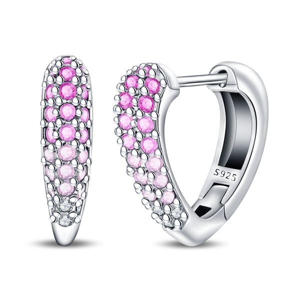 S925 Silver Pink Pavé Heart Huggie Hoop Earrings - Girls Gift