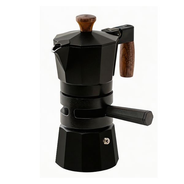 Black Dual Valve Moka Pot Stovetop Espresso Maker with Walnut Handle