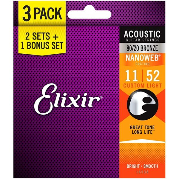 Elixir 16538 Acoustic Custom Light 80/20 Bronze Nanoweb 0.11-0.52 3-PACK