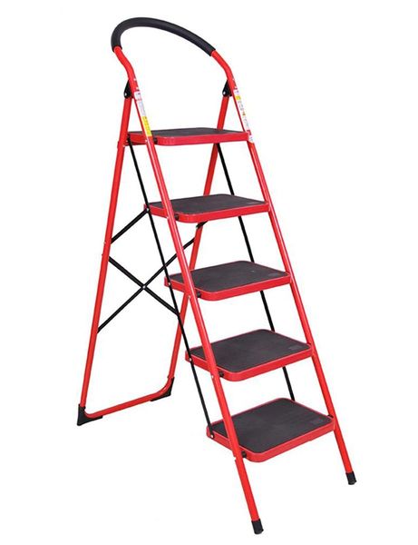 Household Iron Folding 5 Step Ladder - Red
