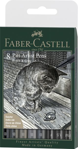 Faber-Castell, Pitt Artist Pen India ink pen wallet of 8, Black&amp;Grey