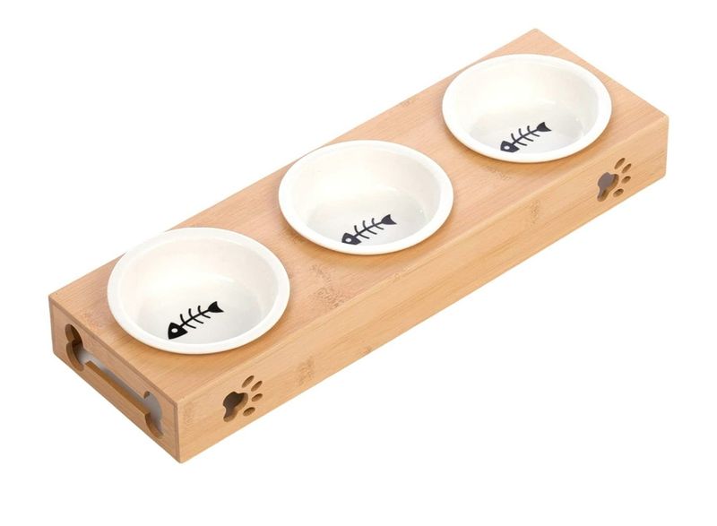 Pet Feeding Bamboo Stand with x3 Ceramic Bowl