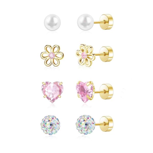 Children's Earrings Girls Set, Cute Flowers Heart Pearl Stud Earrings