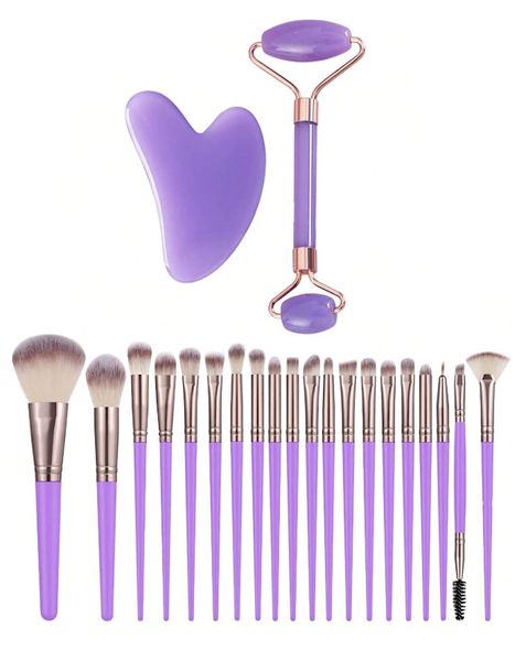 20 Piece Makeup Brush Collection With Facial Roller &amp; Gua Sha Tool - Purple