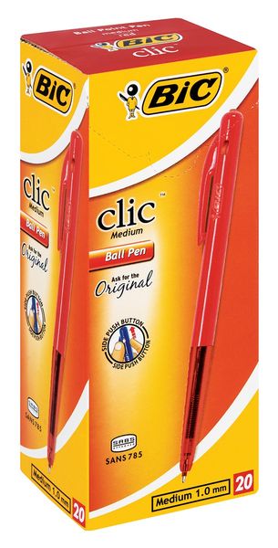 BIC Clic Medium Ballpoint Pens, Red (Box of 20)