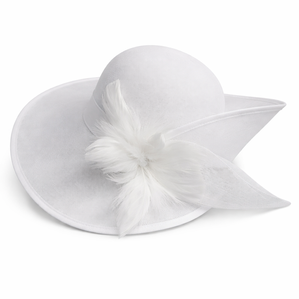 Women's Wide-Brim Organza Occasion Hat with Feather Detail