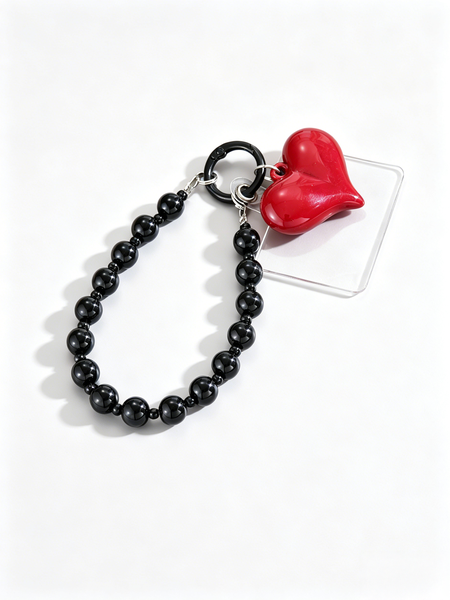 Burgundy Heart Black Bead Acrylic Phone Charm-Cool Anti-Drop Phone Lanyard