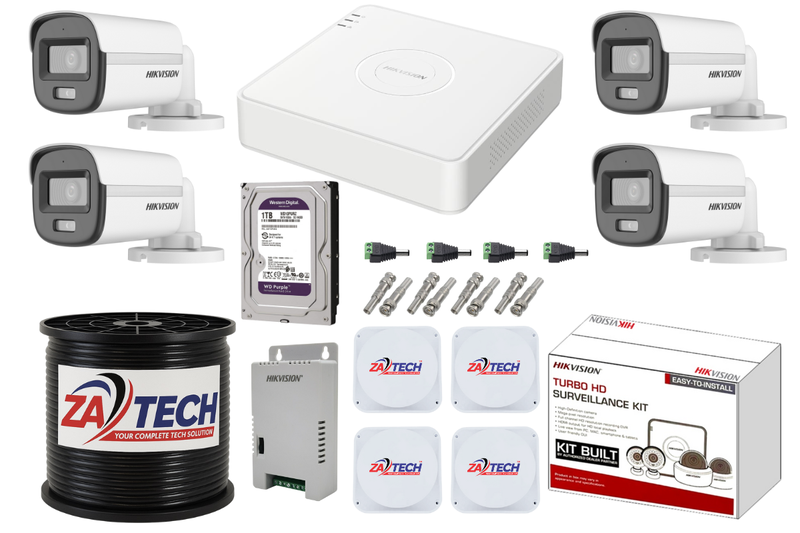 Hikvision 4-Ch ColorVu CCTV Kit with 1TB HDD, Zatech RG59 Cable Roll and JB