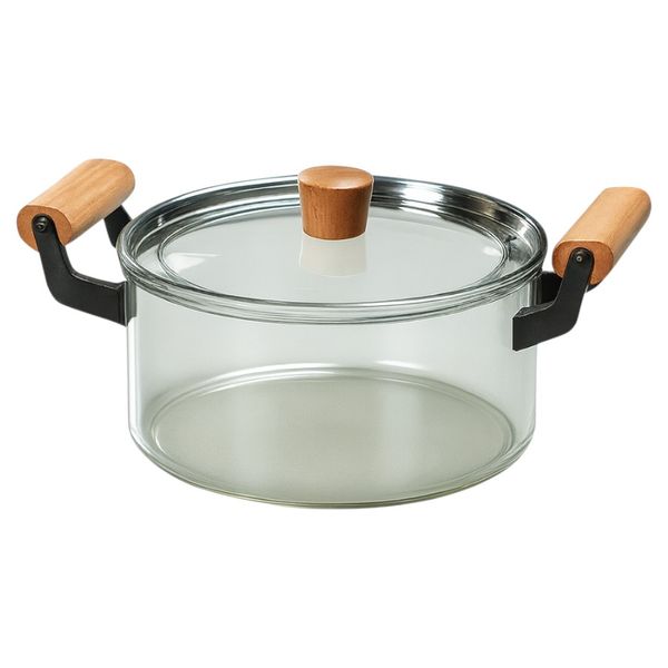 Heat-Resistant Glass Pot With Dual Wooden Handles - Transparent