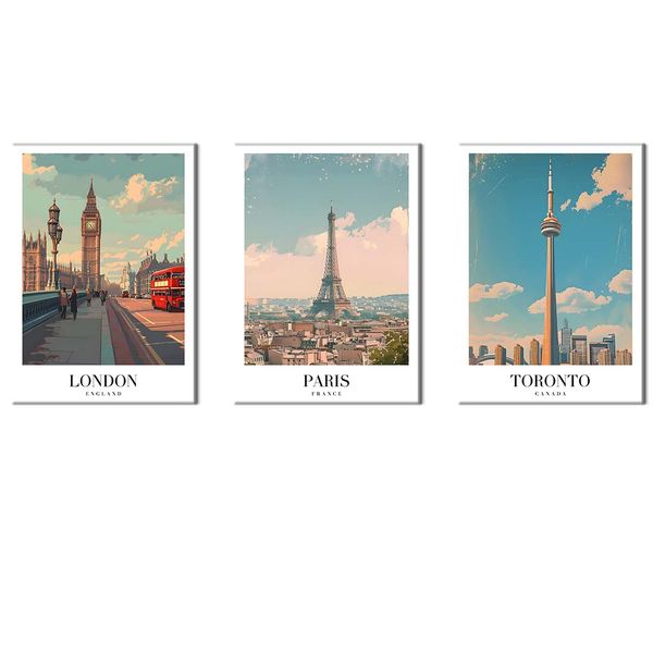 Canvas-Art-3 Pieces London, Paris &amp; Totonto Cities Travel Wall Art