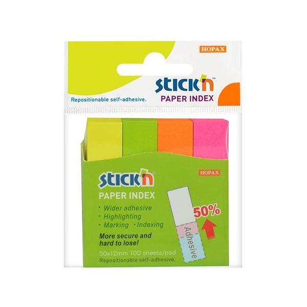 Stick'n Neon Paper Index Tabs 50x12mm - 100 per pad, 4 pads - Box of 12