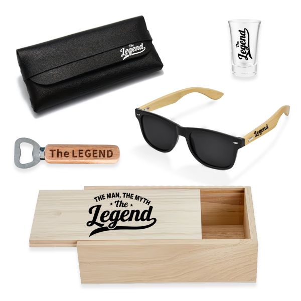 Man, Myth, Legend Sunglasses &amp; Case, Wood Box, Shotglass, Bottle Opener Set