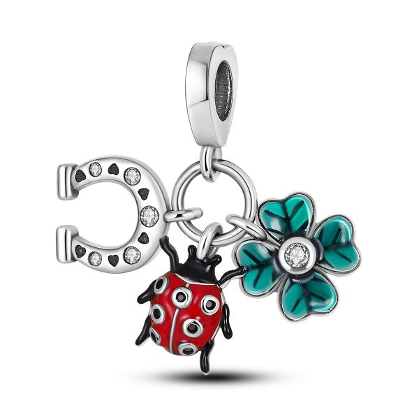 Lucky Trio with Ladybird, Horseshoe &amp; Clover S925 Charm for Charm Bracelet