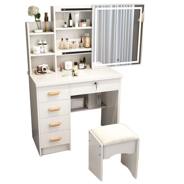 Sliding Mirror Vanity Desk with Stool &amp; 5 Drawers