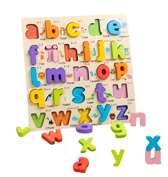 Wooden Alphabet &amp; Animal Puzzle Board for Toddlers - ABC Learning Toy