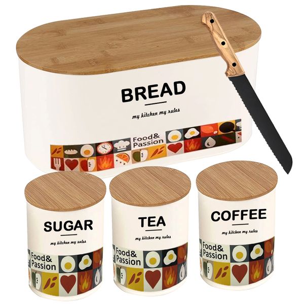 Countertop Coffee Tea Sugar Container with Bamboo Lid 5 Piece Combo Set-