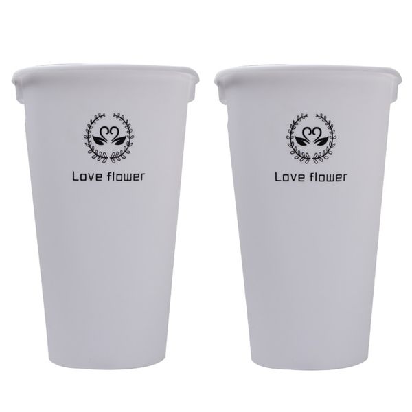 2 Piece Modern Round Bucket Flower Pot Plastic Flower Vases-White