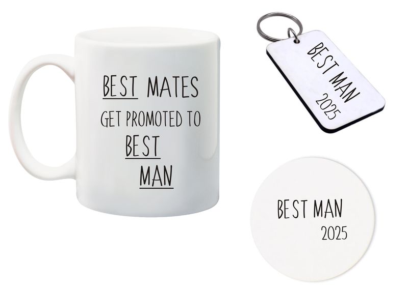 Best Mates get promoted to best manMug, Glass Coaster&amp;keyring gift Combo