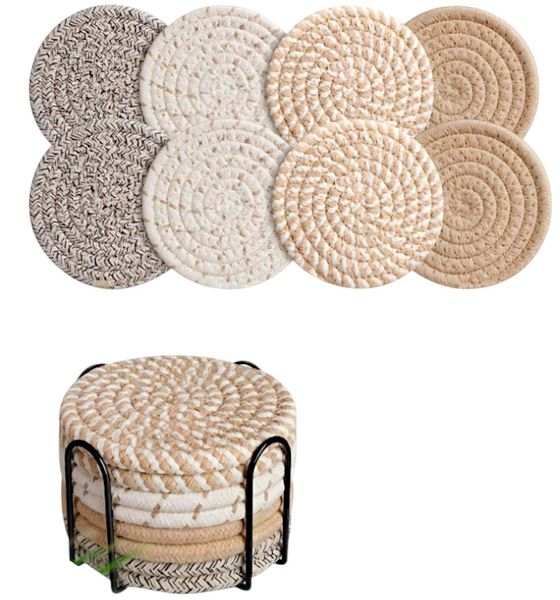 8 Piece Round Woven Drink Coasters With Metal Holder