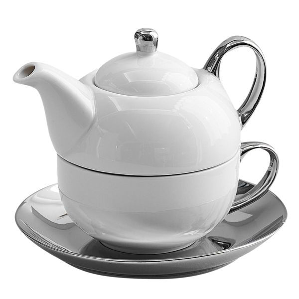 White Ceramic Tea for One Set with Handle, 450ml Teapot &amp; 350ml Coffee Cup
