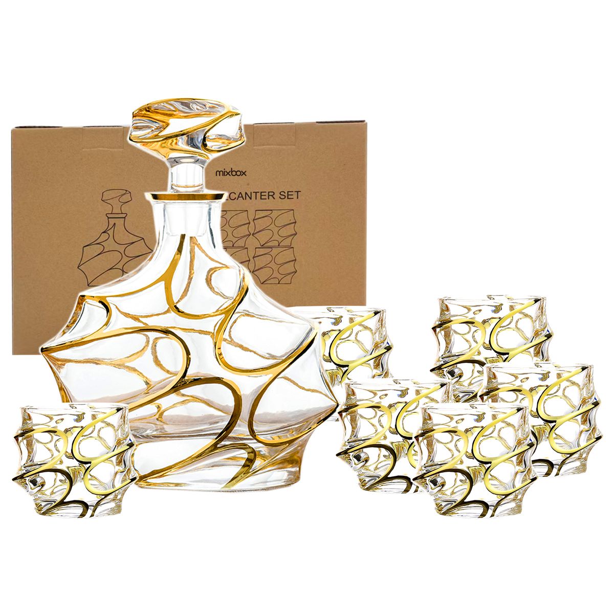 Mix Box Whiskey Decanter Set with 6 Glasses,Golden Lines Hand Drawn Design