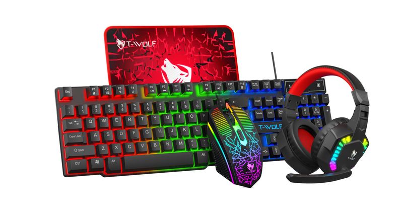 T-WOLF TF810 4-in-1 RGB Backlit Gaming Keyboard and Mouse Combo 104 Keys