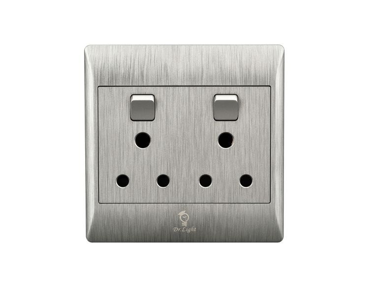 DrLight Luxury Brushed Silver Double Wall Socket (4X4) - 16A 250V