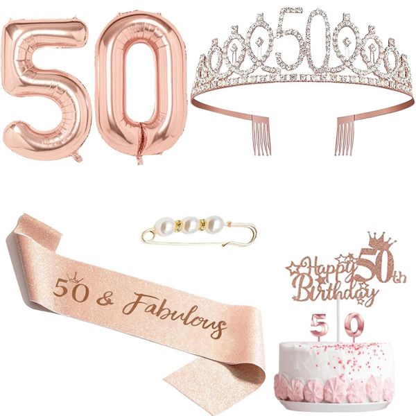 Rose Gold 50Th Birthday Decor Set, Tiara/Sash/Candles/Topper