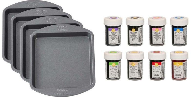 Wilton 6x6 Inch 4 Layer Baking Cake Pan - Set of 8 Gel Dye Colour Paste Kit