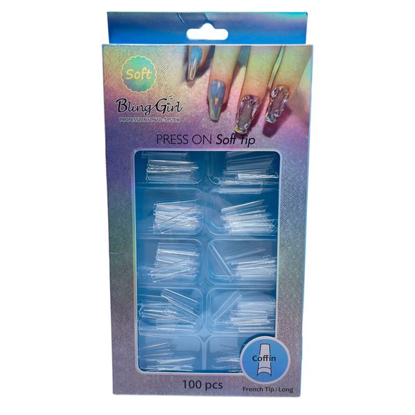 Bling Girl 100 Piece Soft Nail Tips Coffin French Tip/Long