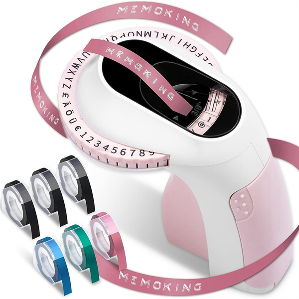 E975 Embossing Label Printer Machine with 6 Rolls Emboss Tapes, Pink