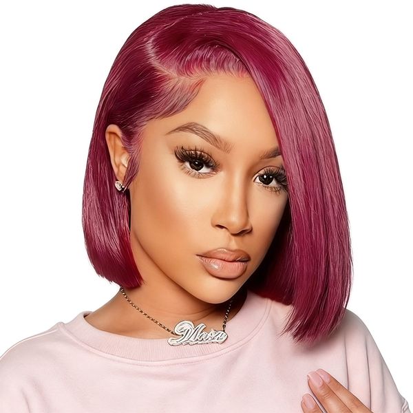 8in Straight Bob 13x4 HD Lace Front Wig Human Hair-99J Red Burgundy Colored