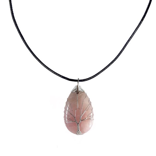Earth Stone Collection - Wire Tree Of Life - Rose Quartz Stone Necklace