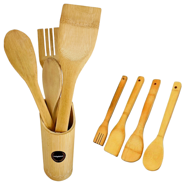 Selphies 5 Pieces Natural Bamboo Cooking Spoons(Utensils) Set with Stand