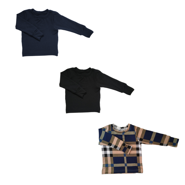 Baby Toddler Shirt x3-Fold Over Cuffs-Navy, Black, Checkered
