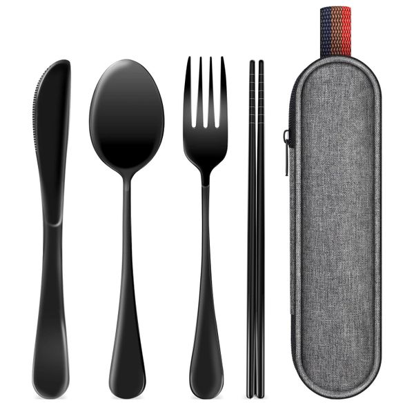 QYNIAL Travel Utensils Set, Stainless Steel Cutlery Case Black